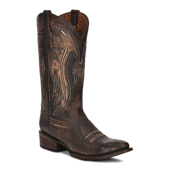 A 3/4 turned Corral Distressed Brown Embroidery Round Toe Cowboy Western Boot.