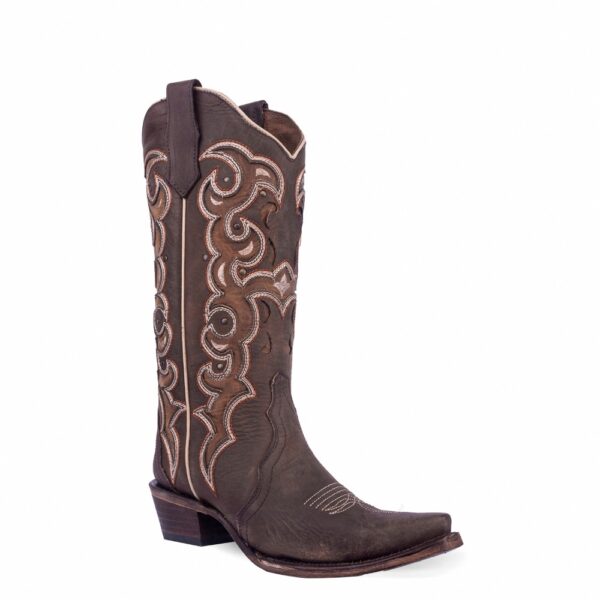 A 3/4 turned Corral Chocolate Inlay with Embroidery and Studs Triad Cowgirl Western Boot.