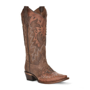 A 3/4 turned Corral Chocolate and Cognac Overlay with Embroidery Wing Tip Cowgirl Western Boot.