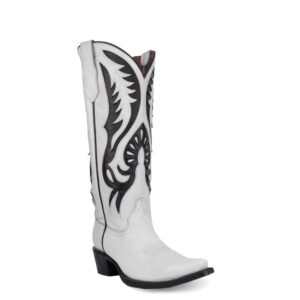 A 3/4 turned Corral White and Black Inlay with Embroidery Tall Top Cowgirl Cowgirl Western Boot.
