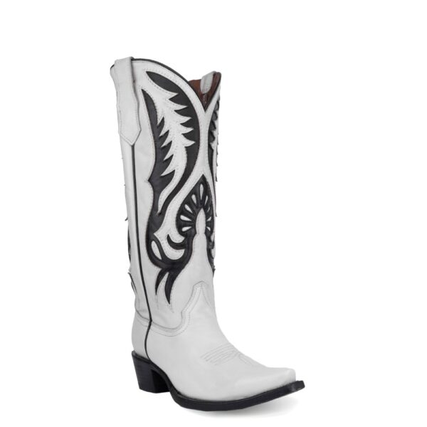 A 3/4 turned Corral White and Black Inlay with Embroidery Tall Top Cowgirl Cowgirl Western Boot.