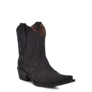 A 3/4 turned Corral Black Embroidery and Inlay Ankle Cowgirl Western Boot.
