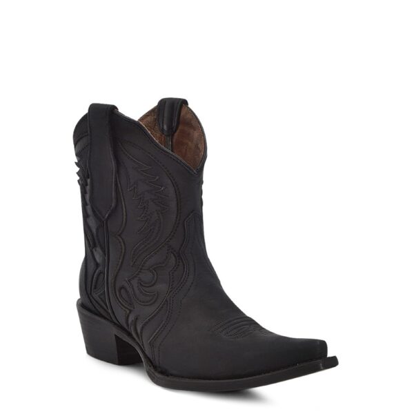 A 3/4 turned Corral Black Embroidery and Inlay Ankle Cowgirl Western Boot.