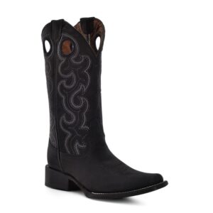 A 3/4 turned Corral Black Embroidery and Cut Out Square Toe Cowgirl Western Boot.