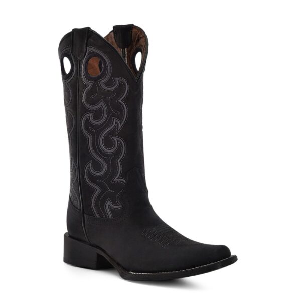 A 3/4 turned Corral Black Embroidery and Cut Out Square Toe Cowgirl Western Boot.