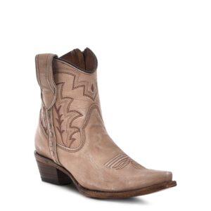 A 3/4 turned Corral Sand Embroidery with Zipper Ankle Cowgirl Western Bootie.