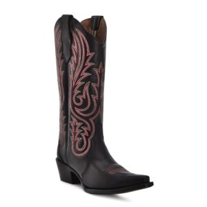 A 3/4 turned Corral Black and PInk Embroidery Snip Toe Cowgirl Western Boot.