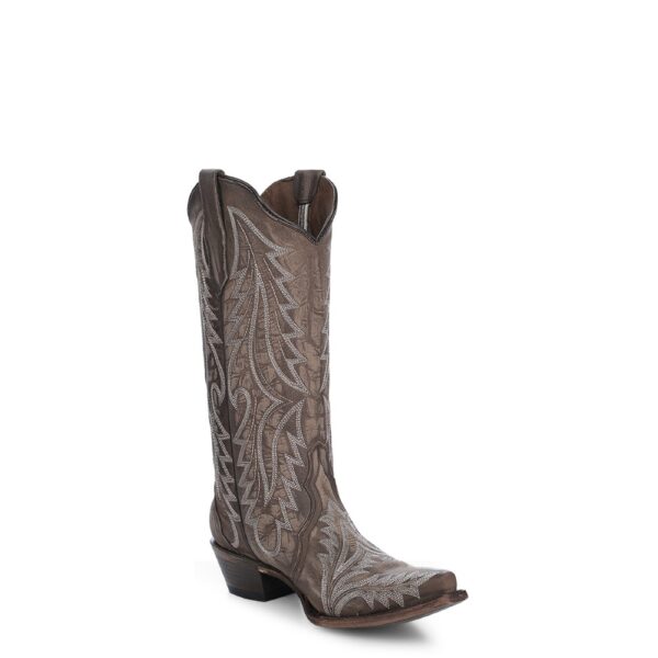 A 3/4 turned Corral Sand Embroidery Snip Toe Cowgirl Western Boot.