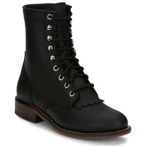 A 3/4 turned Justin McKean 7" Black Women's Lace Up Roper Boot.