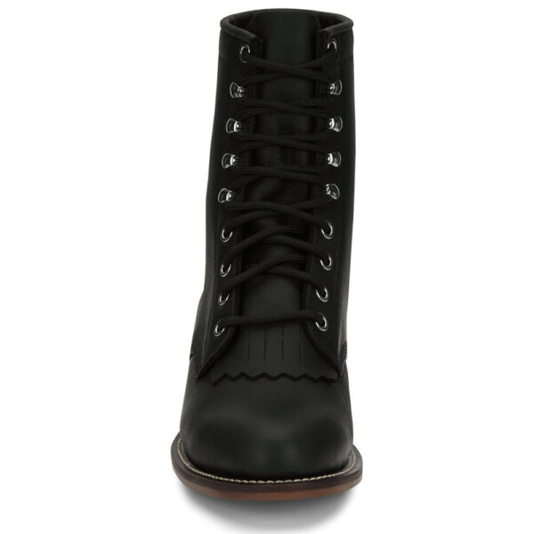 A forward-facing look at Justin McKean 7" Black Women's Lace Up Roper Boot.