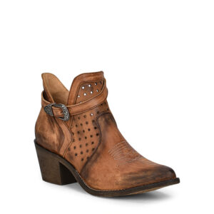 A 3/4 turned Corral Brown Cut Out and Strap Pointed Toe Women's Cowgirl Bootie.