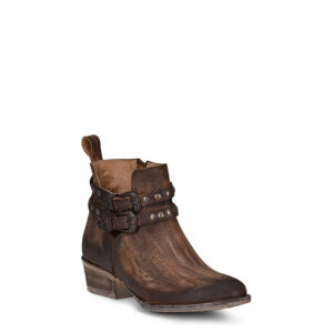 A 3/4 turned Corral Tobacco Harness and Studs Round Toe Women's Western Bootie.