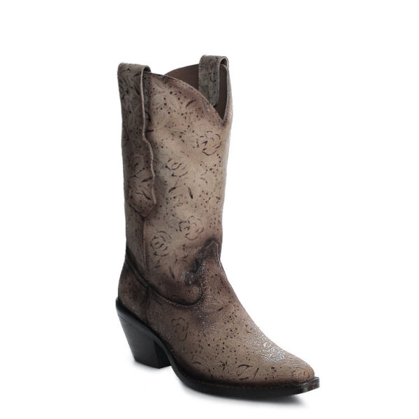 A 3/4 turned Corral Sand Stamped Floral Pointed Toe Women's Western Boot.