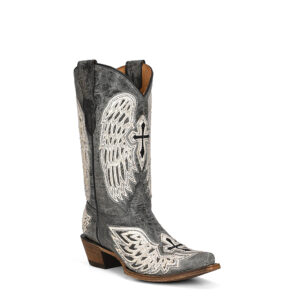 A 3/4 turned Corral Black and White Cross with Wings Overlay and Embroidery and Studs Teen Cowgirl Western Boot.