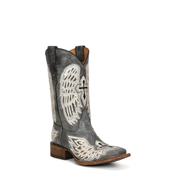 A 3/4 turned Corral Black and White Cross with Wings Overlay and Embroidery and Studs Square Toe Teen Cowgirl Western Boot.