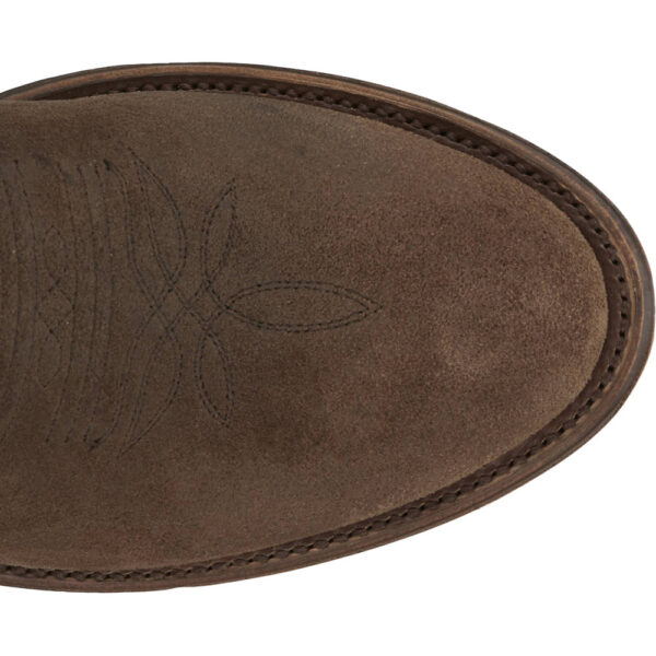 The toe shape of a Tony Lama Amado 12" Suede Taupe Men's Western Boot.