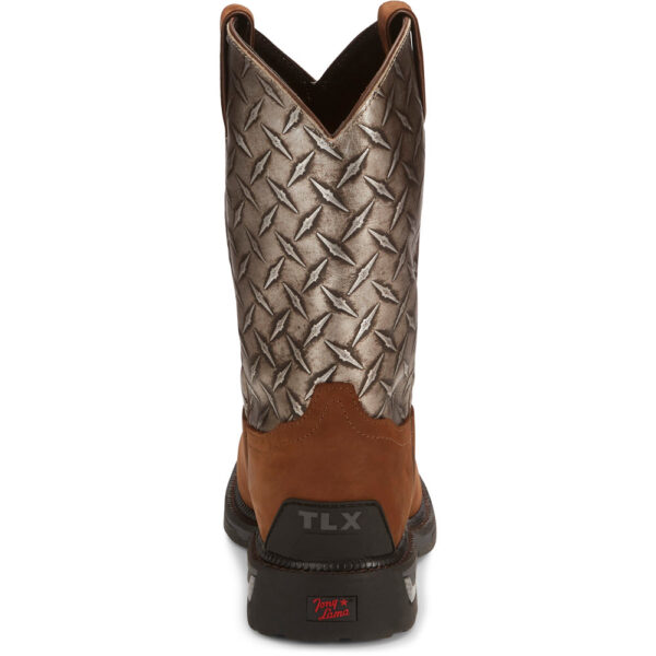 A look at the back and heel of a Tony Lama Diboll 11" Diamond Plate Men's Western Boot.