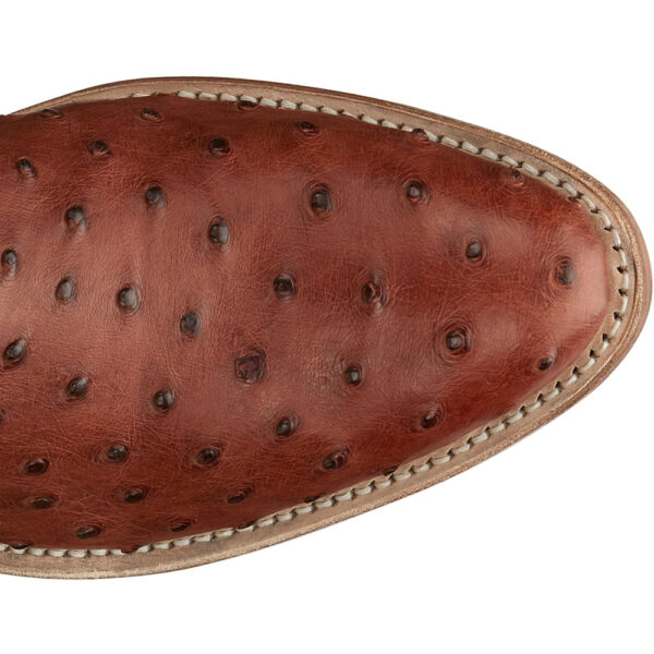 The toe shape of a Tony Lama McCandles 13" Brandy Full Quill Ostrich Men's Western Boot.