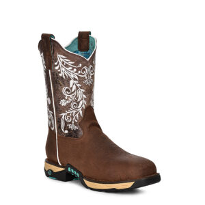 A 3/4 turned Corral Brown Embroidery and Hydro Resist Composite Toe Women's Pull-On Work Boot.