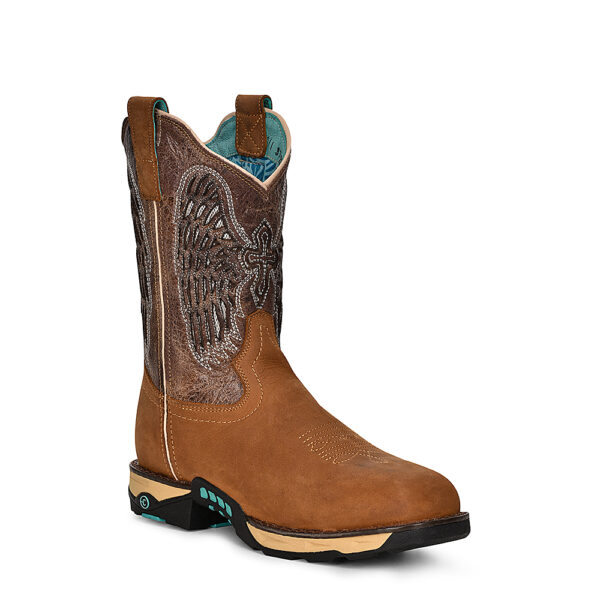 A 3/4 turned Corral Straw and Brown Cross and Wings Hydro Resist Composite Toe Women's Pull-On Work Boot.