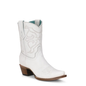 A 3/4 turned Corral White Embroidery Women's Western Ankle Boot.