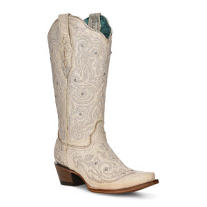 A 3/4 turned Corral Bone Embroidery and Crystals Women's Western Boot.