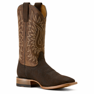 A 3/4 turned Ariat Men's Gold Point Chocolate Bison Cowboy Boot.