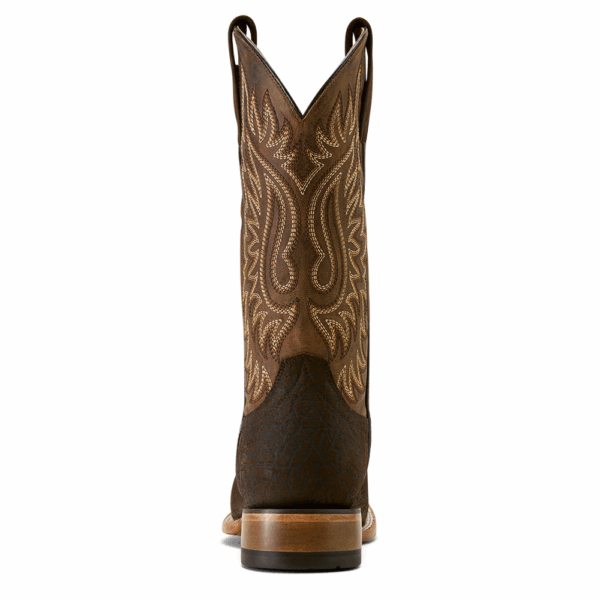 A look at the back and heel of an Ariat Men's Gold Point Chocolate Bison Cowboy Boot.
