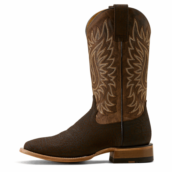 A left instep profile facing Ariat Men's Gold Point Chocolate Bison Cowboy Boot.