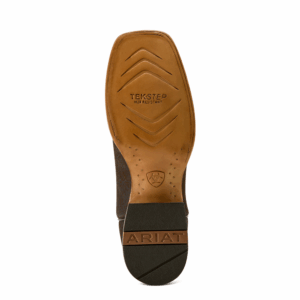 The sole of an Ariat Men's Western Gold Point Chocolate Bison Cowboy Boot.