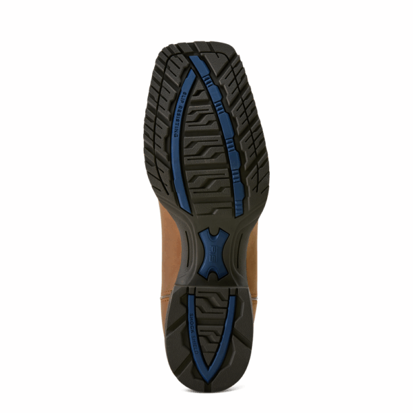 The sole of an Ariat Men's Hybrid Ranchway Waterproof Cowboy Boot.