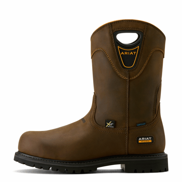 A left instep profile facing Ariat Men's Longview Shock Shield MetGuard Waterproof Composite Toe Pull-On Work Boot.