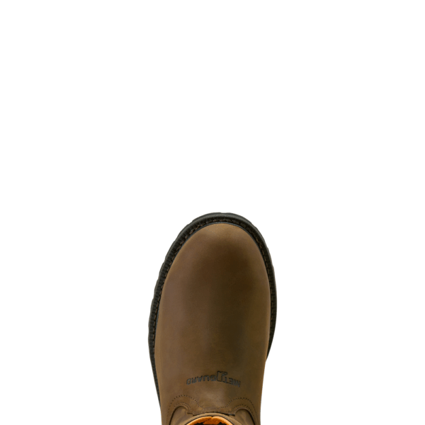 A look at the toe shape of an Ariat Men's Longview Shock Shield MetGuard Waterproof Composite Toe Pull-On Work Boot.