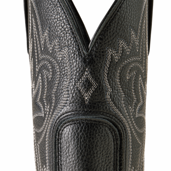 A closeup look at the detailing on the upper back shaft of an Ariat Men's Western Big Rig Black Deertan Cowboy Boot.