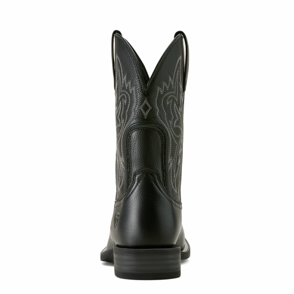 A look at the back and heel of an Ariat Men's Western Big Rig Black Deertan Cowboy Boot.