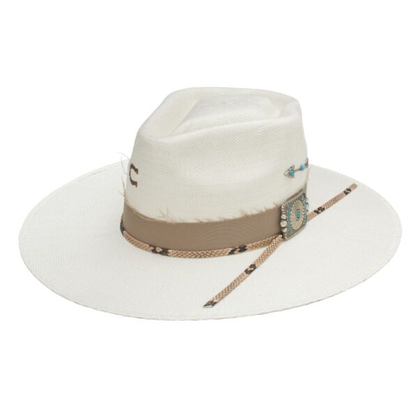 A 3/4 turned Charlie 1 Horse Spear Point White Straw Fashion Hat.