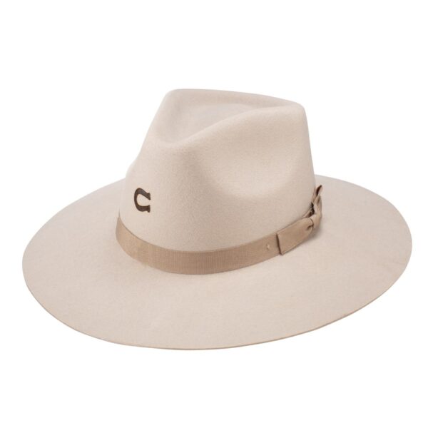 A 3/4 turned Charlie 1 Horse Women's Silver Belly Highway Fedora hat.