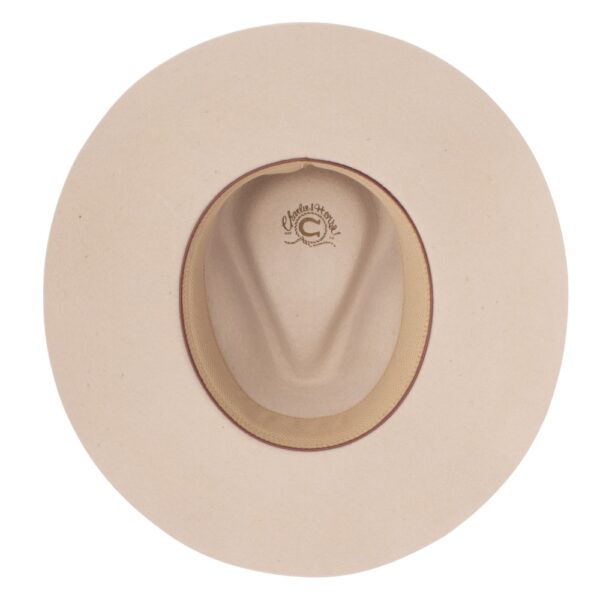 A shot of the underbrim on a Charlie 1 Horse Women's Silver Belly Highway Fedora hat.