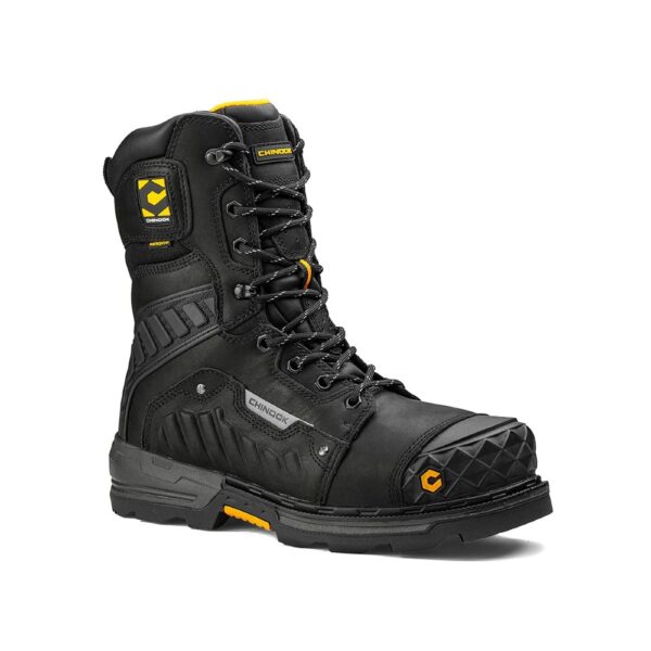 A 3/4 turned Chinook Scorpion 9" Black Waterproof Composite Toe Lace-Up Work Boot.