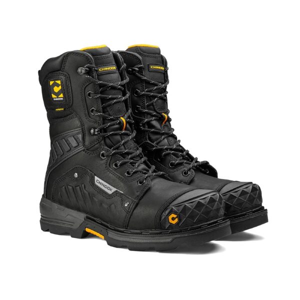 A 3/4 turned pair of Chinook Scorpion 9" Black Waterproof Composite Toe Lace-Up Work Boots.