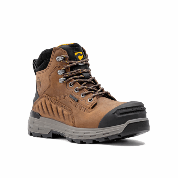 A 3/4 turned Chinook Wildwood 6" Brown Waterproof Composite Toe Lace-Up Work Boot.