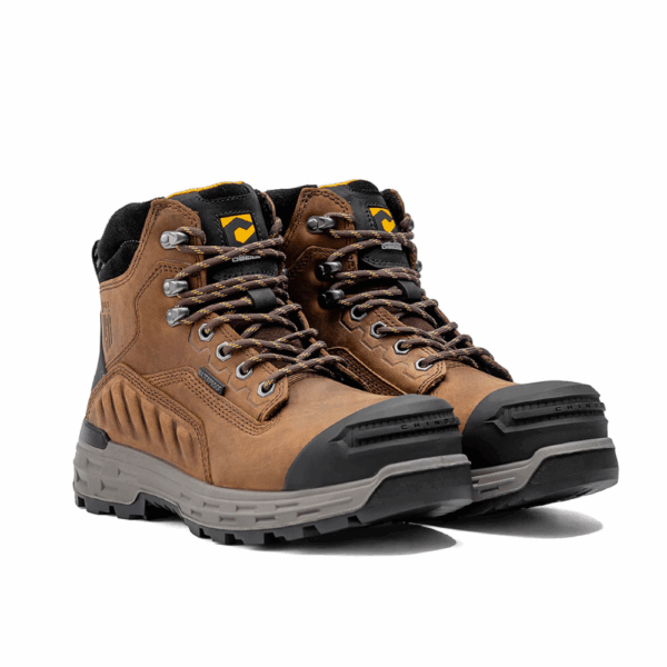 A 3/4 turned pair of Chinook Wildwood 6" Brown Waterproof Composite Toe Lace-Up Work Boot.