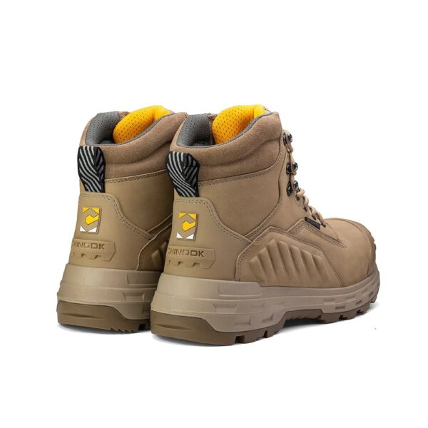 A look at the back and heel of a pair of Chinook Wildwood 6" Stone Waterproof Composite Toe Lace-Up Work Boot.