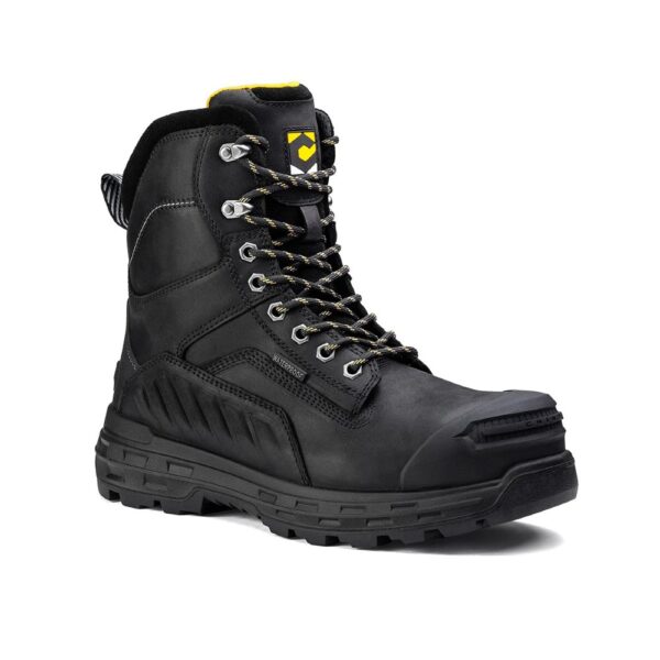 A 3/4 turned Chinook Wildwood 8" Black Waterproof Composite Toe Lace-Up Work Boot.