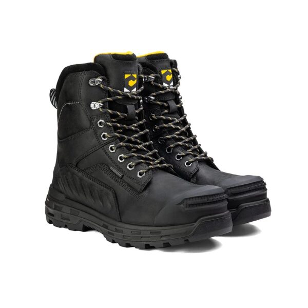 A 3/4 turned pair of Chinook Wildwood 8" Black Waterproof Composite Toe Lace-Up Work Boots.