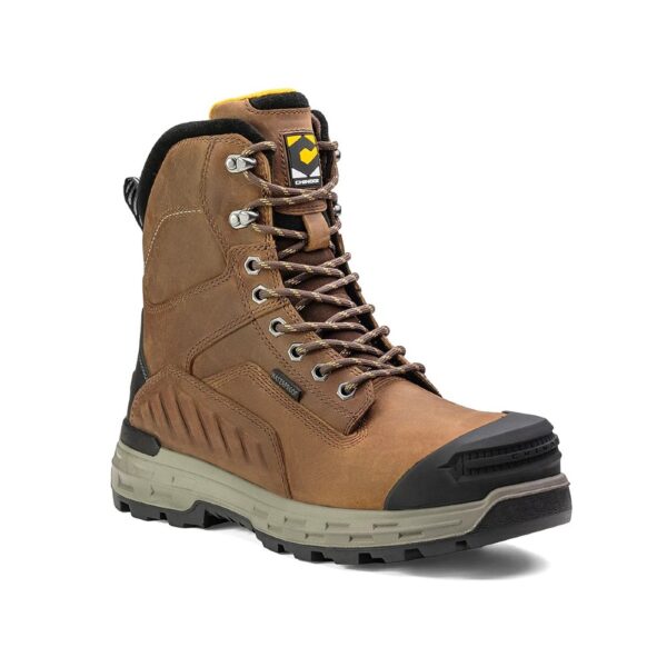 A 3/4 turned Chinook Wildwood 8" Brown Waterproof Composite Toe Lace-Up Work Boot.