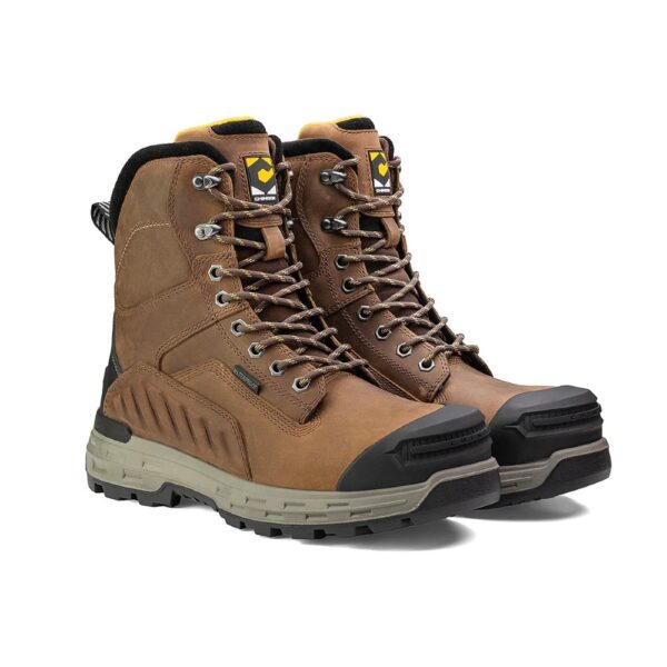 A 3/4 turned pair of Chinook Wildwood 8" Brown Waterproof Composite Toe Lace-Up Work Boots.