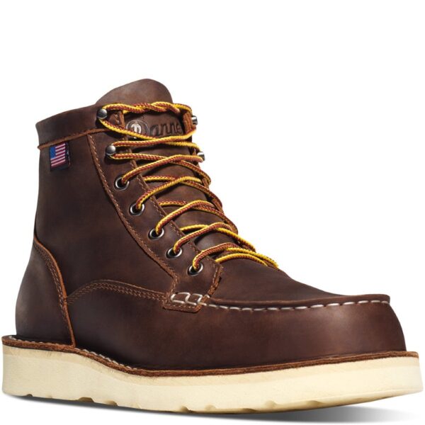 A 3/4 turned Danner Men's Bull Run Moc Steel Toe 6" Work Boot.