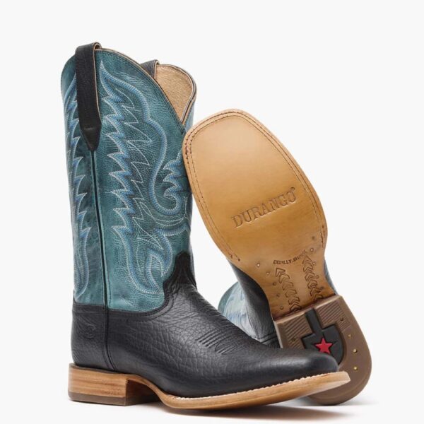 A 3/4 turned pair of Durango Arena Pro Black and Blue Lagoon Western Boots.