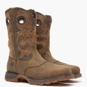 A 3/4 turned pair of Durango Maverick XP Waterproof Composite Toe Western Pull-On Work Boots.